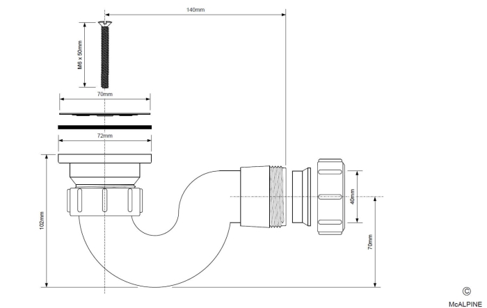 Technische Zeichnung: Badewannen Siphon aus weißem Kunststoff mit herausnehmbarem Edelstahl Sieb Ø 70 mm, M6 x 50 mm Befestigungsschraube. Abgang 1 1/2 Zoll (6/4") Außengewinde und Quetschverschraubung für 40 mm Rohre